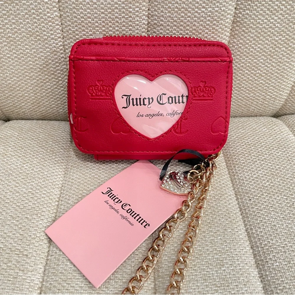 NEW‎ Juicy Couture Red Card Case Wallet Heart ID Window Gold Rhinestone Charm